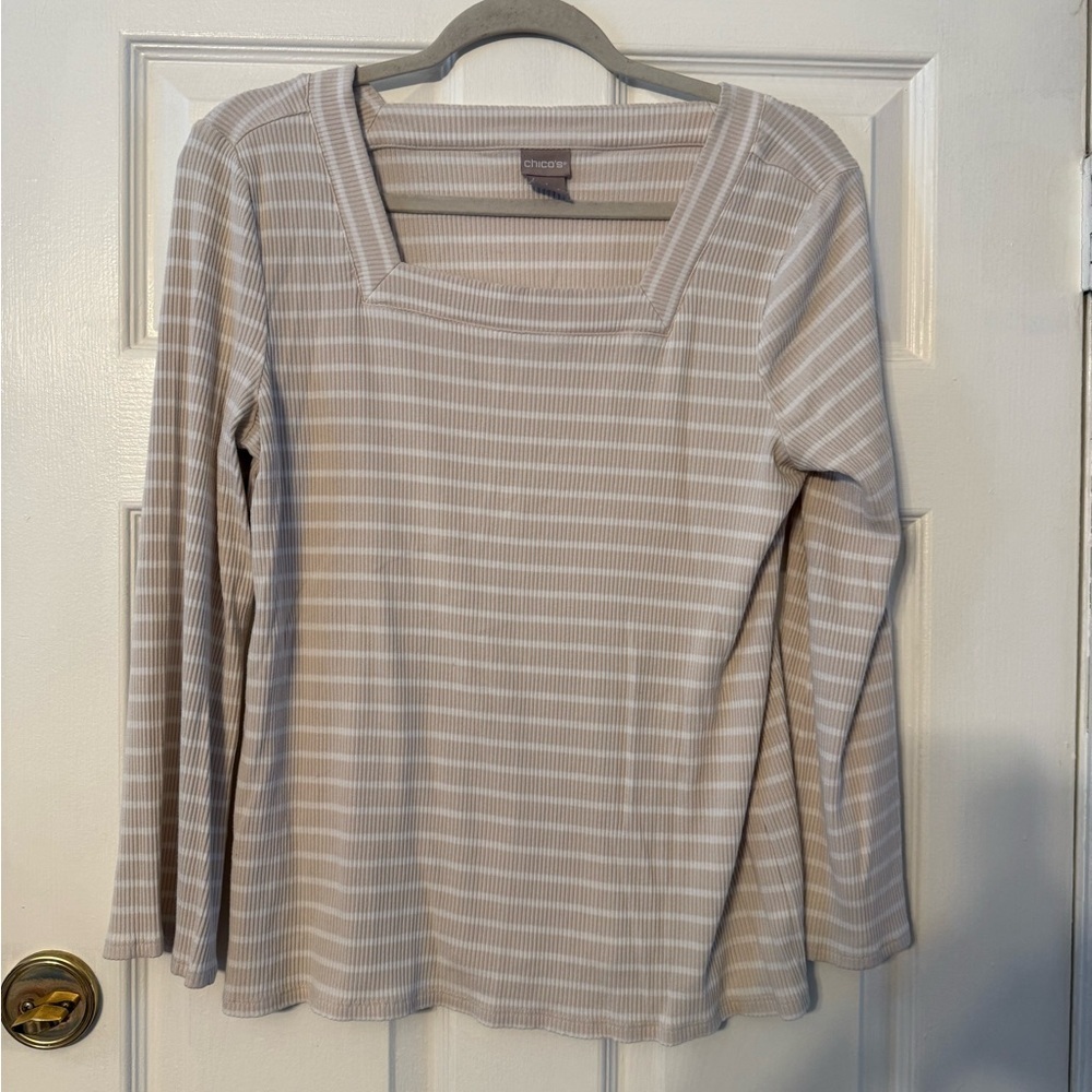 Chico's Taupe and White Striped Square-Neck Long Sleeve Top
